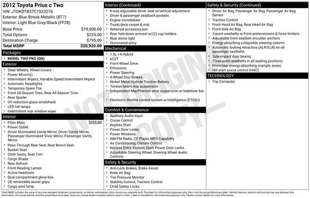 2012 Toyota Prius c Two